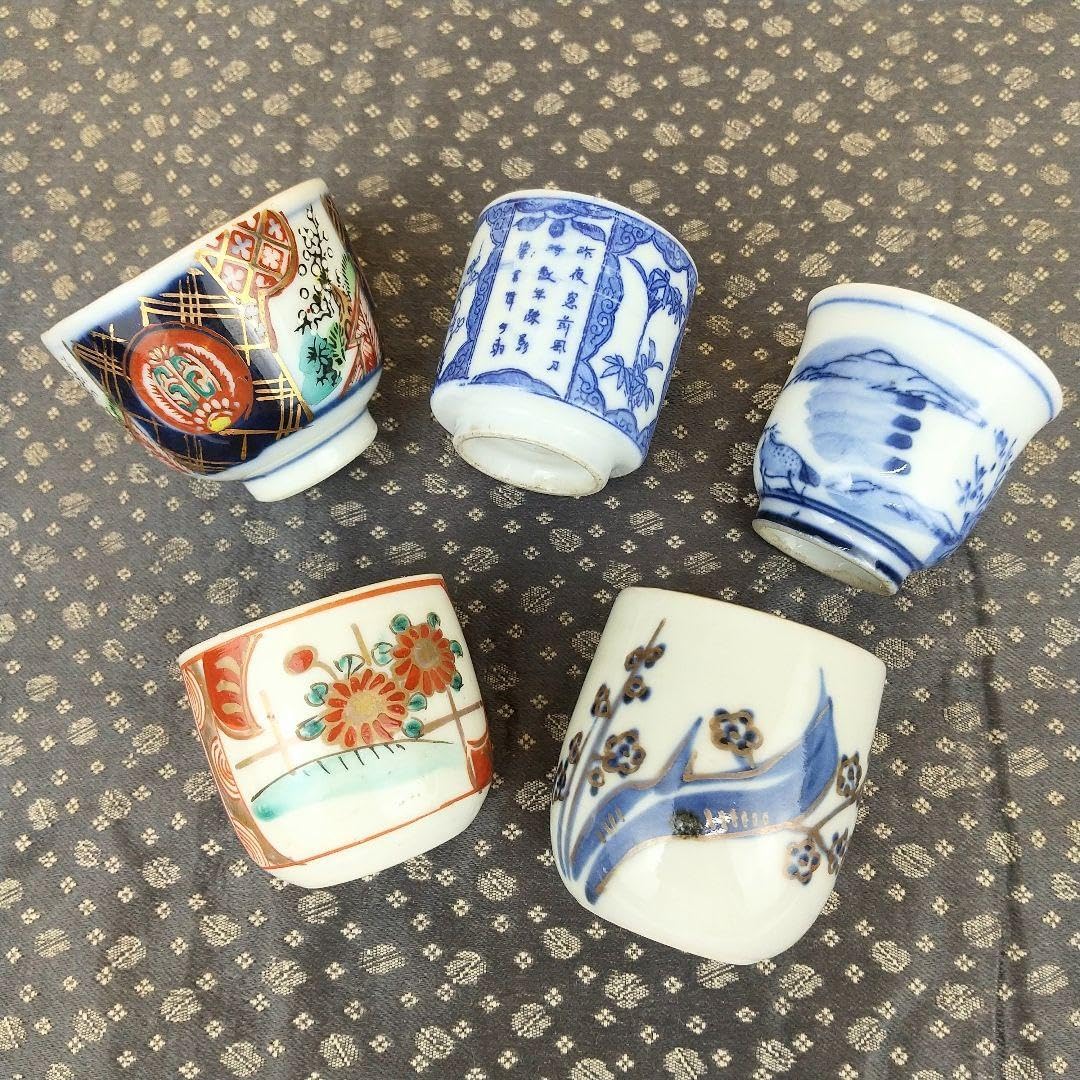 【お値下げ】古伊万里　青海波・色絵・金彩画(小皿　豆皿　ぐい呑み)５客セット お値下げ】古伊万里 青海波・色絵・金彩画(小皿 豆皿 ぐい呑み)5客